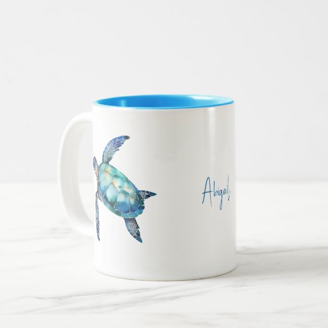 Personalized Script Name Turquoise Sea Turtle  Two-Tone Coffee Mug (Front Left)