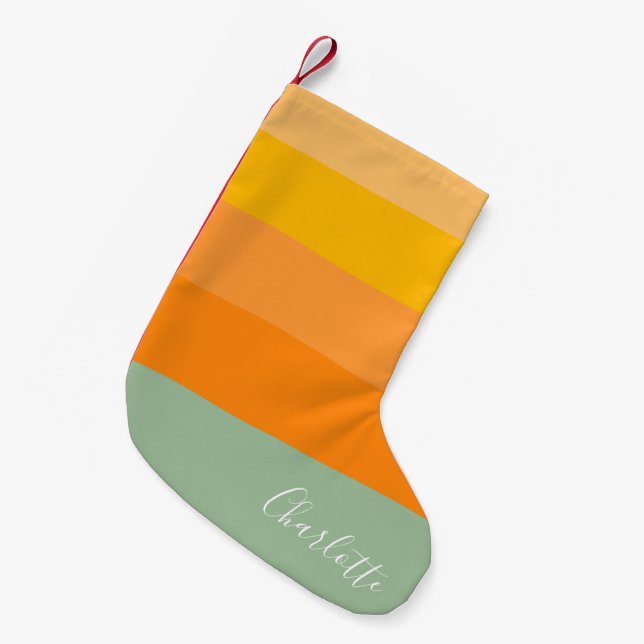 Personalized Script Name Yellow Orange Striped Small Christmas Stocking (Front (Hanging))