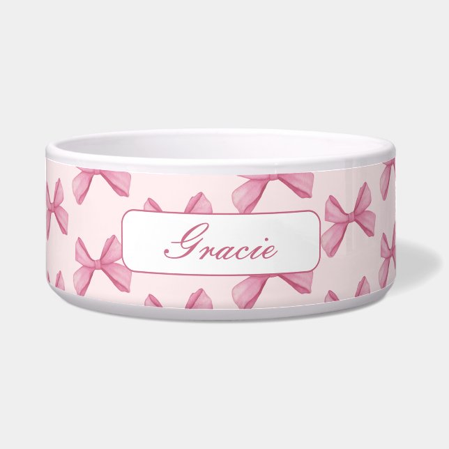 Personalized Script Pink Bow Dog Bowl (Front)