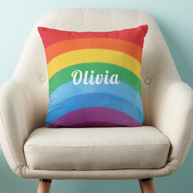 Personalized Script Rainbow Stripes  Throw Pillow (Creator Uploaded)