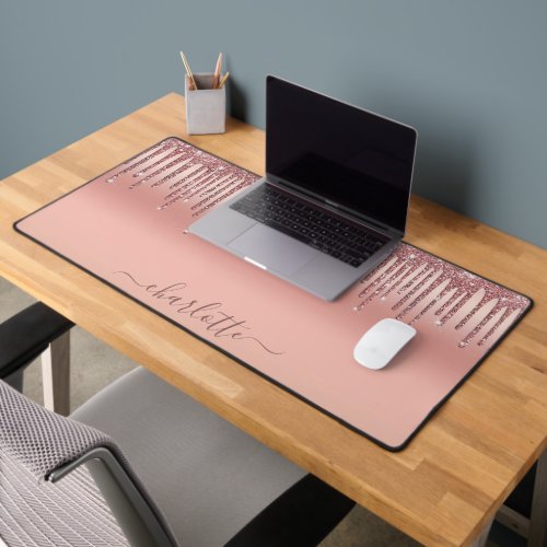 Personalized Script Rose Gold Glitter Drips Desk Mat
