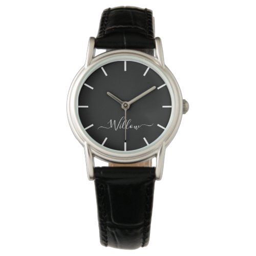 Personalized Script Signature Black Leather watch