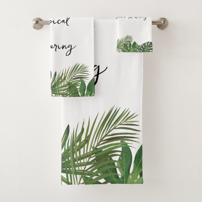 Personalized script text Tropical green and white Bath Towel Set (Insitu)