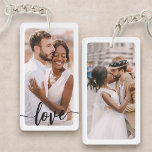 Personalized Script Two Photo Text Double Sided Keychain<br><div class="desc">Add a personal touch to your everyday carry with this Personalized Script Two Photo Text Double-Sided Keychain. Featuring space for two of your favorite photos and elegant handwritten-style text, this keychain is a beautiful way to showcase special memories. Customize it with names, dates, or a short message in modern script...</div>