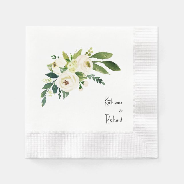 Personalized Script White Rose Wedding Coined  Napkins (Front)