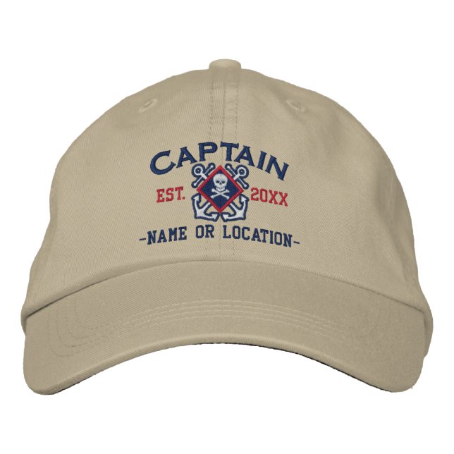 Personalized Sea Captain Nautical Crossbones Skull Embroidered Baseball Hat (Front)