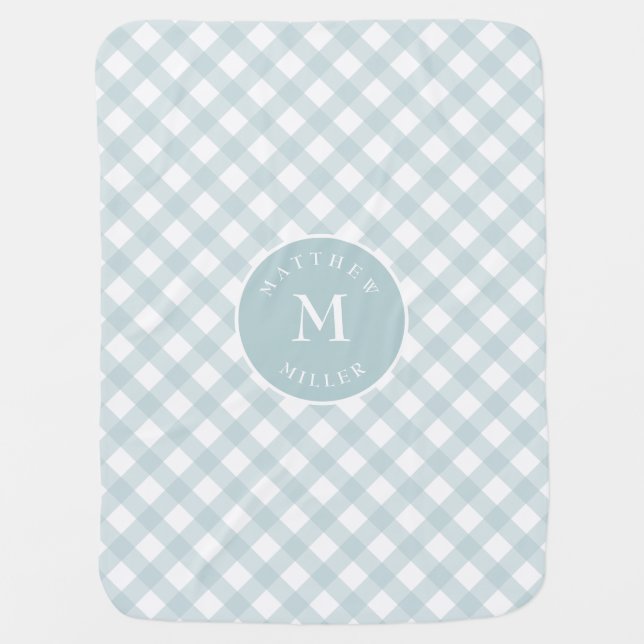 Personalized sea foam blue gingham baby blanket (Front)