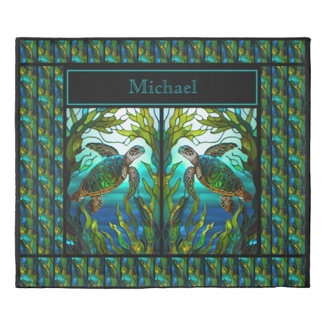 Personalized Sea Turtle Ocean Faux Stained Glass Duvet Cover (Front)