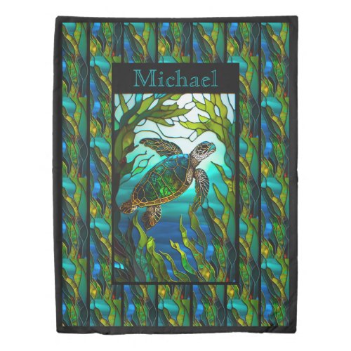 Personalized Sea Turtle Ocean Faux Stained Glass  Duvet Cover