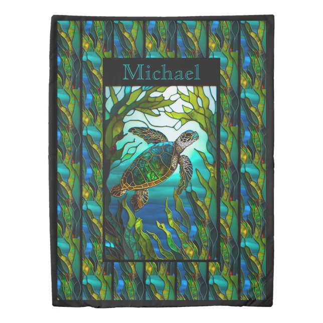 Personalized Sea Turtle Ocean Faux Stained Glass  Duvet Cover (Front)