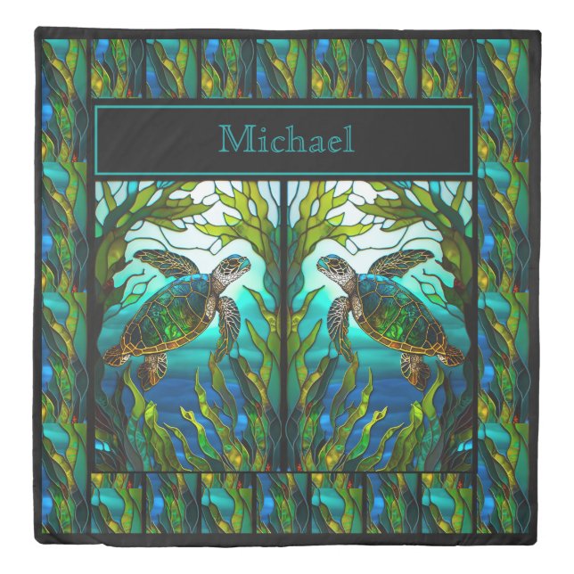 Personalized Sea Turtle Ocean Faux Stained Glass  Duvet Cover (Front)