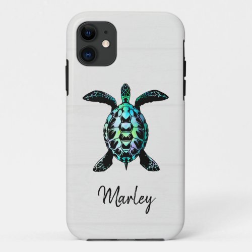 Personalized Sea Turtle on Wood iPhone 11 Case