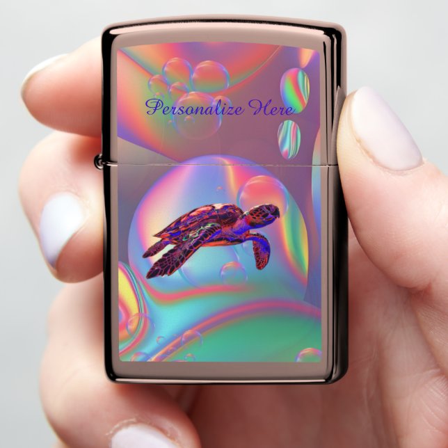 Personalized Sea Turtle Pink & Purple Bubbles Zippo Lighter (In Hand)