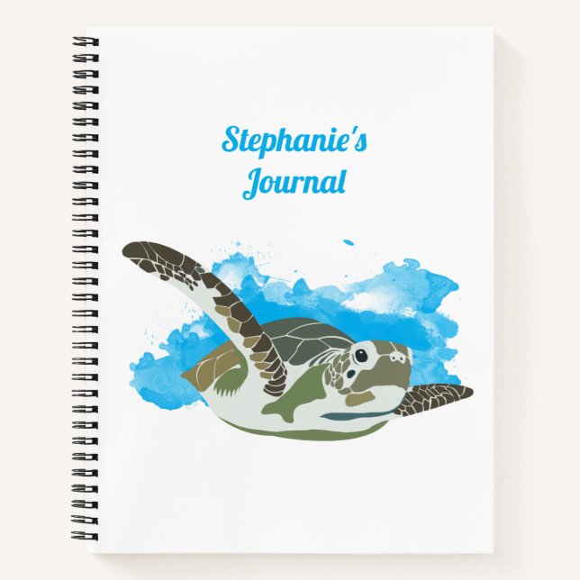 Personalized Sea Turtle Swimming in Watercolor Notebook (Front)