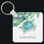 Personalized Sea Turtle Tropical Keychain<br><div class="desc">This tropical keychain was designed using my original watercolor sea turtle and monstera palm leaves in shades of turquoise, blue and green. Personalize with your name in navy blue. Click the "Edit using Design Tool" to customize the colors and layout. To see more coastal themed keychain templates by Victoria Grigaliunas...</div>