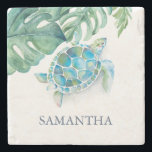 Personalized Sea Turtle Tropical Stone Coaster<br><div class="desc">Add a splash of tropical flair to your gift-giving with this personalized stone coaster featuring a beautiful watercolor sea turtle and monstera palm leaf design in vibrant turquoise and green by Victoria Grigaliunas. Perfect for Florida weddings, this cute and coastal piece is an excellent choice for women gifts, whether you're...</div>