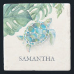 Personalized Sea Turtle Tropical Stone Coaster<br><div class="desc">Add a splash of tropical flair to your gift-giving with this personalized stone coaster featuring a beautiful watercolor sea turtle and monstera palm leaf design in vibrant turquoise and green by Victoria Grigaliunas. Perfect for Florida weddings, this cute and coastal piece is an excellent choice for women gifts, whether you're...</div>