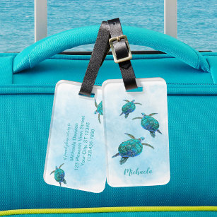 Personalized Sea Turtles Ocean Watercolor Luggage Tag