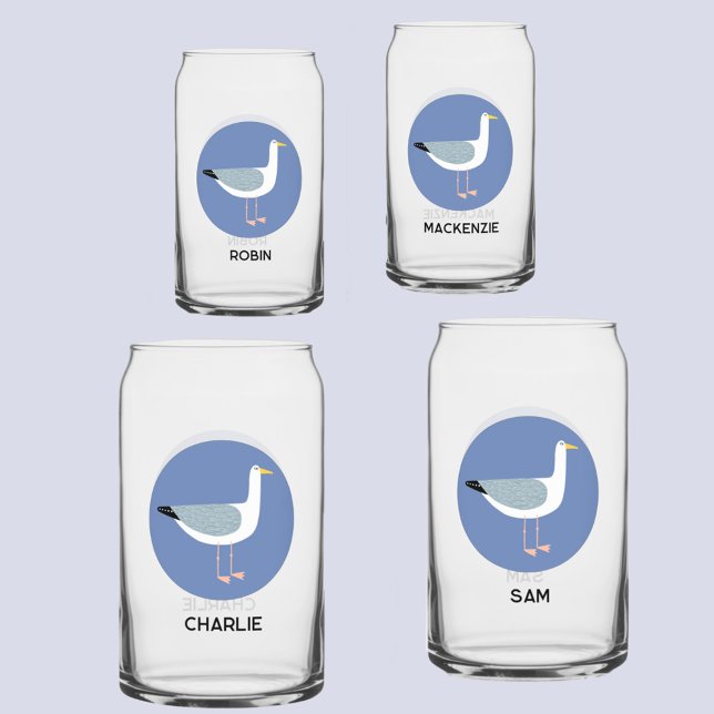 Personalized Seagull Can Glass (Seagull coastal personalized names can style glass)