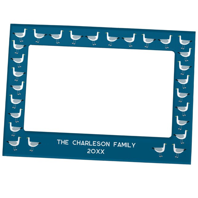 Personalized Seagull Nautical Coastal Bird Magnetic Frame (Fun personalized family name date seagull pattern coastal magnetic photo frame)