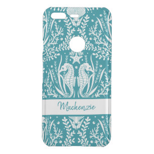Personalized Seahorses Teal Blue White Damask Uncommon Google Pixel Case