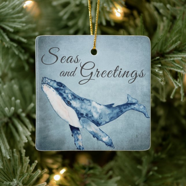 Personalized Seas and Greetings Whale Christmas Ceramic Ornament (Tree)