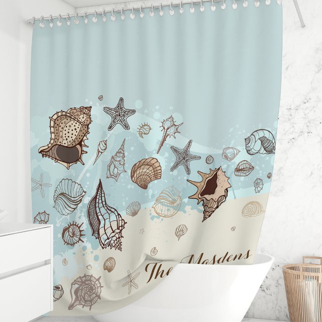 Personalized Seashells And Sand Coastal Beach Shower Curtain (Creator Uploaded)