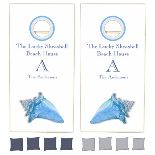 Personalized Seashells Blue White Shell Coastal Cornhole Set