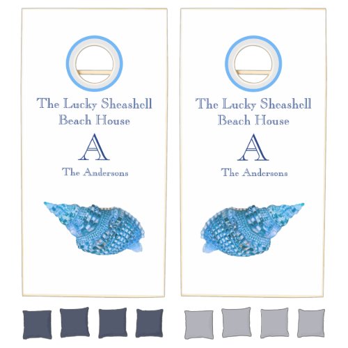 Personalized Seashells Blue White Shell Coastal Cornhole Set