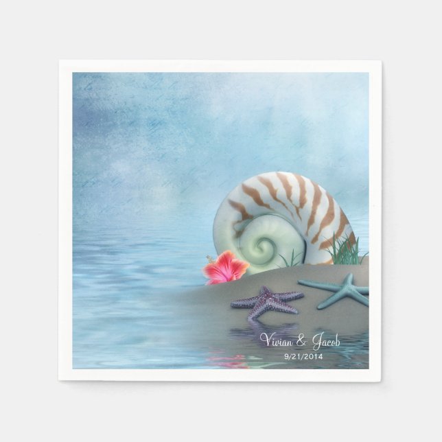 Personalized Seashells Wedding Napkins (Front)