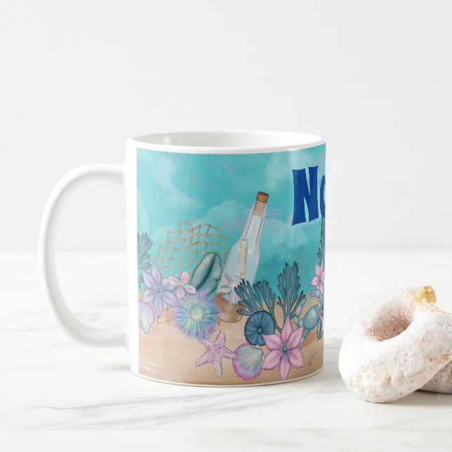 Personalized Seaside Ocean Beach Coffee Mug (With Donut)