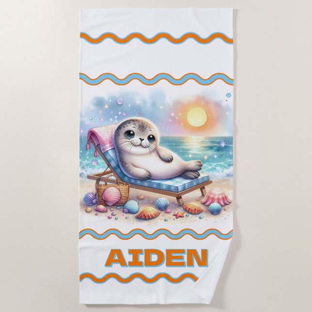 Personalized Seaside Serenity: A Seal's Vacation  Beach Towel (Front)