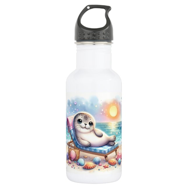 Personalized Seaside Serenity: A Seal's Vacation  Stainless Steel Water Bottle (Front)