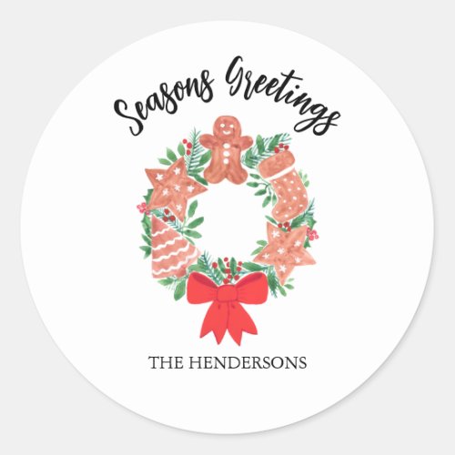 Personalized Seasons Greetings Wreath Classic Round Sticker