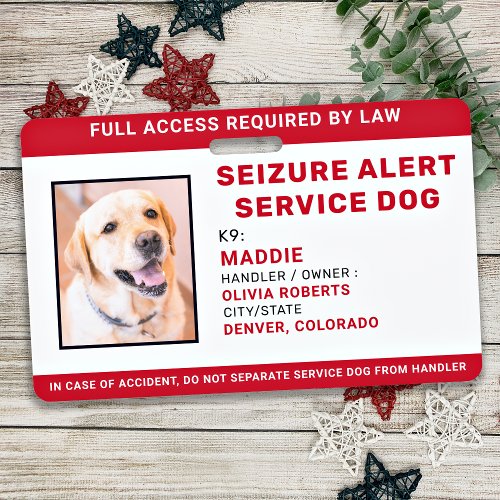 Personalized Seizure Alert Service Dog Photo ID  Badge