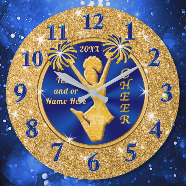 Personalized Senior Cheerleader Gift Ideas Large Clock (Senior cheer gift ideas. Cheerleader bedroom decor. Cheerleader Clock. Cheer squad gift ideas. Blue)