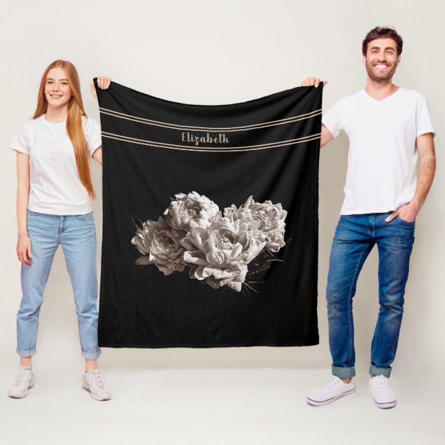 Personalized Sepia Peonies Black Medium Size Fleece Blanket (In Situ)