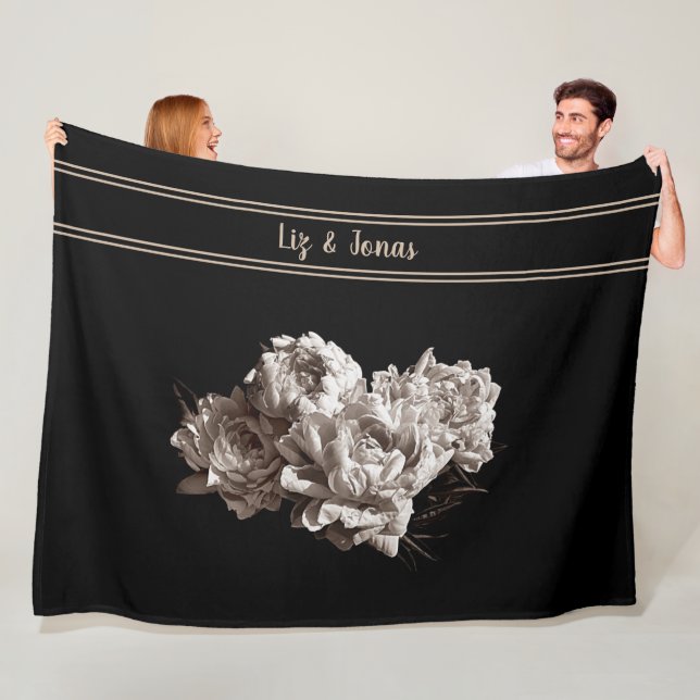 Personalized Sepia Peonies Large Size Black Fleece Blanket (In Situ)