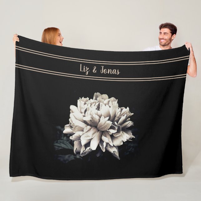 Personalized Sepia Peony Black Large Size Fleece Blanket (In Situ)