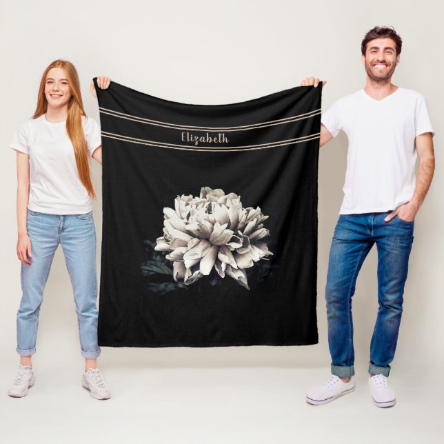 Personalized Sepia Peony Black Medium Size Fleece Blanket (In Situ)