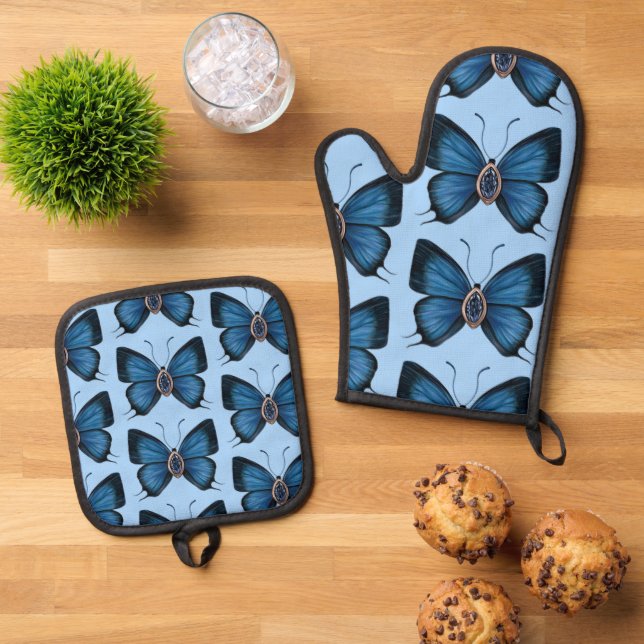 Personalized September Birth Blue Butterfly Oven Mitt & Pot Holder Set (Top Down)