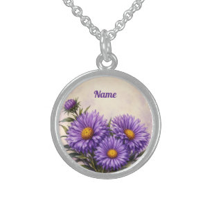 Personalized September Birth Flower Aster Sterling Silver Necklace