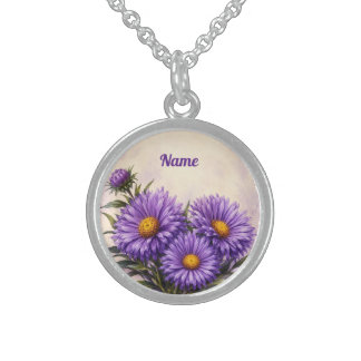Personalized September Birth Flower Aster Sterling Silver Necklace