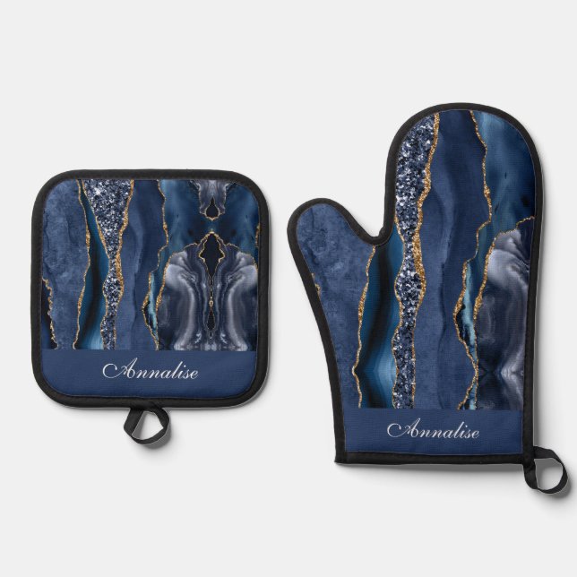 Personalized Sequin Navy Blue Agate Oven Mitt & Pot Holder Set (Front)