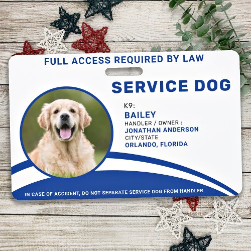 Personalized Service Dog Blue Photo ID Badge