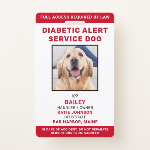Personalized Service Dog Diabetic Alert Dog Photo Badge