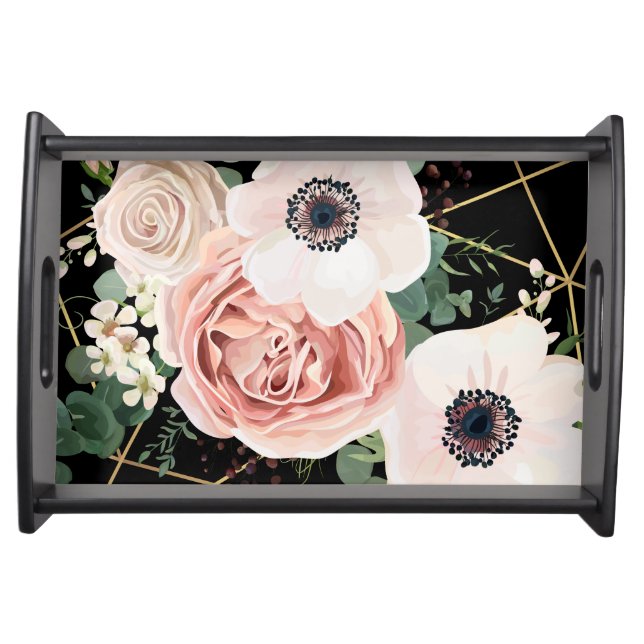 Personalized Serving Tray Geometric Garden Black (Front)