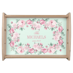 Personalized serving tray Pink roses floral