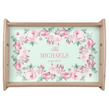 Personalized Serving Tray Pink Roses Floral by DecorativeHome at Zazzle