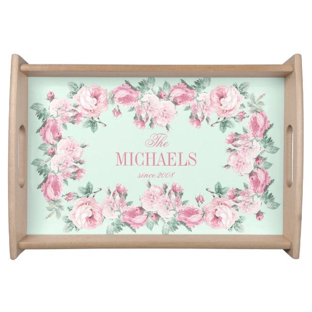 Personalized serving tray Pink roses floral (Front)